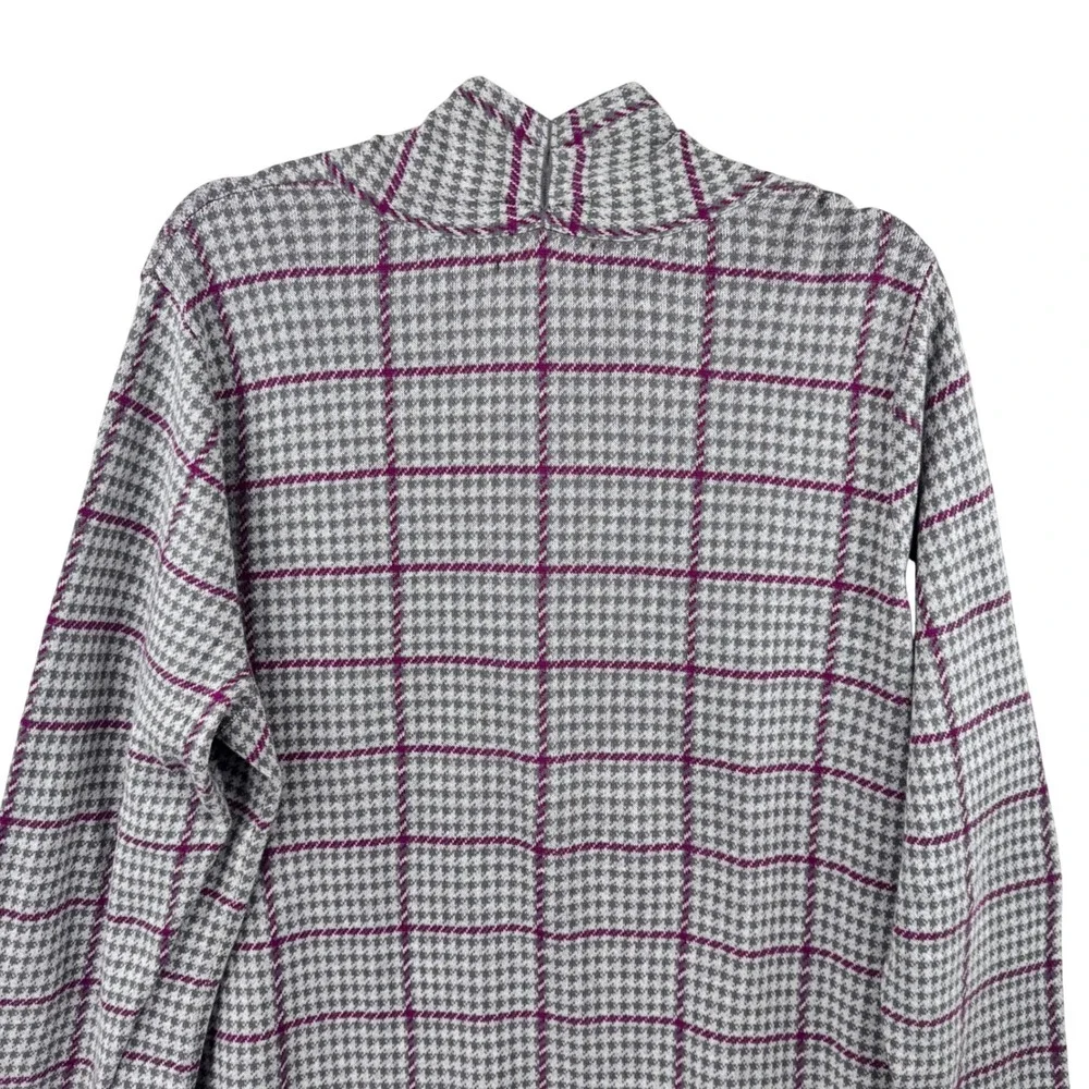 Lands End Cardigan Womens 1X Gray Purple Plaid Houndstooth Open Front Sweater